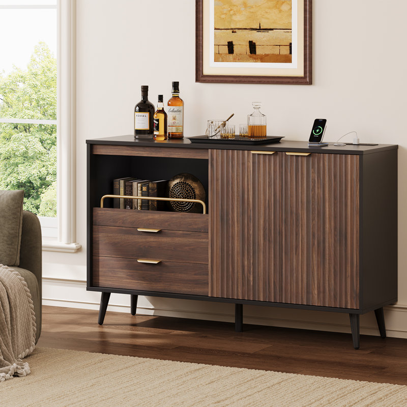 Armoire de bar moderne de 55 po avec tablettes réglables, buffet avec porte-verres à vin et support à vin, Noyer