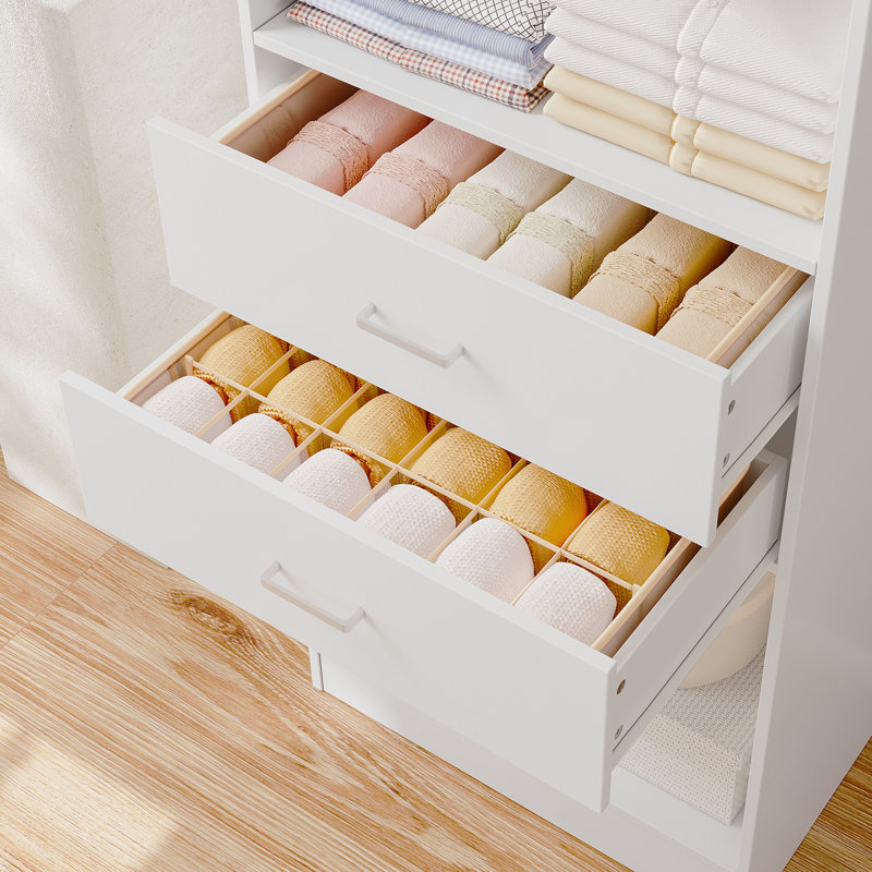 5-piece Set: 124"w Wardrobe Storage System With 4 Wooden Drawers, Hanging Rod, And Adjustable Shelves, White