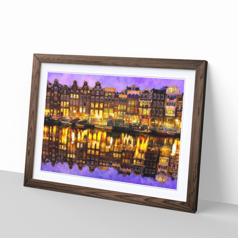 Amsterdam At Night - Single Picture Frame Painting on MDF, Walnut, 62cm H x 87cm W x 2cm D