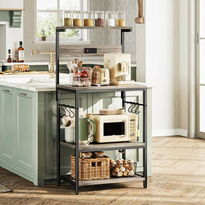 Étagère de boulanger de cuisine avec prise de courant, table basse de bar 4 niveaux, support de micro-ondes de cuisine avec 6 crochets en forme de S, étagère de rangement pour épices, casseroles et poêles - grège