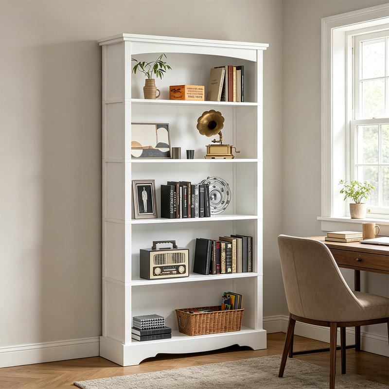 Bibliothèque à 5 niveaux en bois, bibliothèque moderne au sol pour salon, bureau, salle d'étude, Blanc