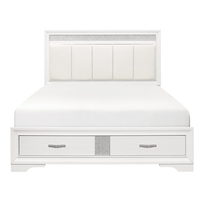 Glamorous Modern White Queen Platform Bed With Upholstered Faux Leather Headboard And Storage Drawers, Silver Glitter, Wooden Frame, Bedroom Use Drawers Headboard, Accent, Furniture, No Box Spring