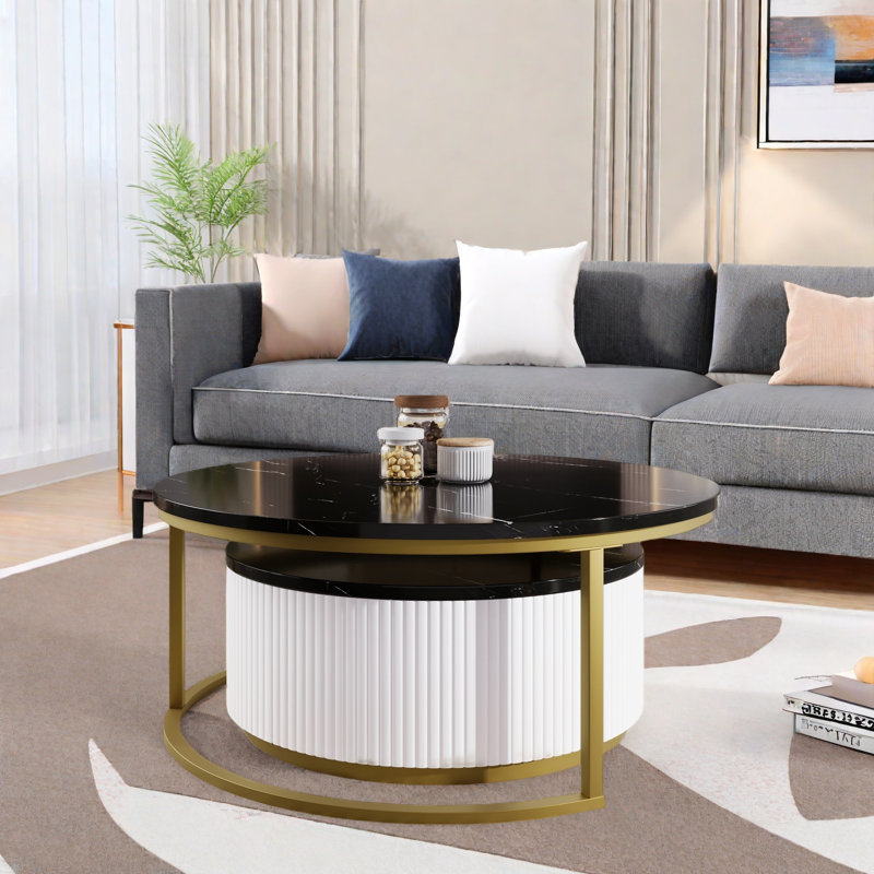 Modern Round Nesting Coffee Table Fluted with Drawer in Gold in 27.6", Black