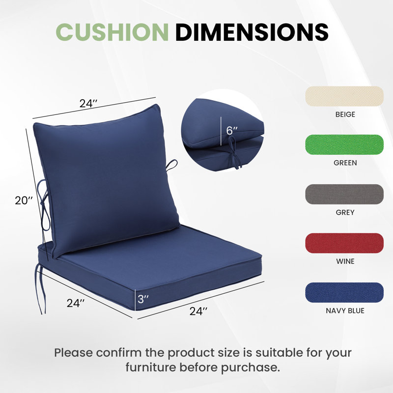 Pack of 4 --24''W x 24''D x 3.5''H Patio Deep Seating Cushions & Pillows Set with Water-Repellent & UV-Resistant Cover, Removable Cushion Cover & Ties