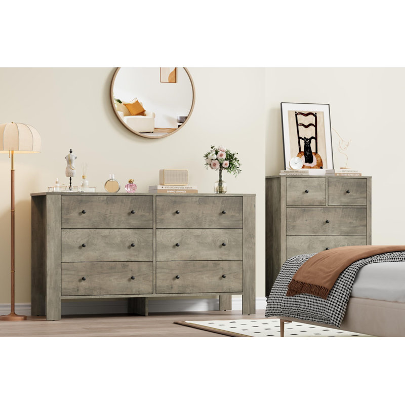 Commode 6 tiroirs pour chambre à coucher, commode double moderne avec tiroirs de rangement, Grey