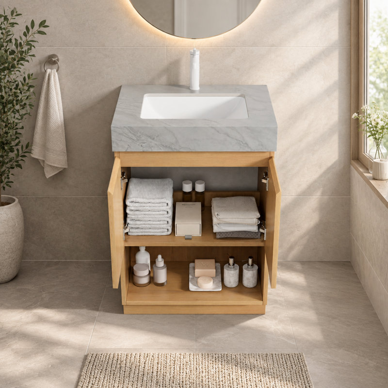 Meuble-lavabo autoportant de 61 cm avec comptoir en pierre frittée et lavabo en céramique