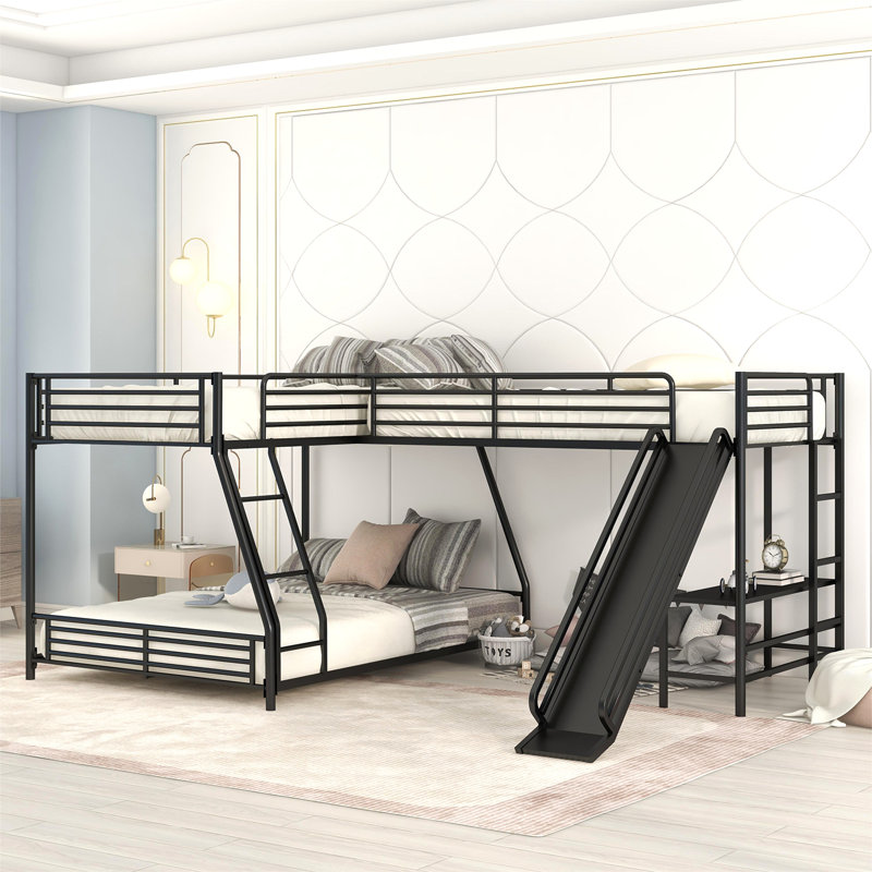 Lit superposé simple au-dessus de L en forme de L avec lit mezzanine simple, bureau intégré et glissade, noir