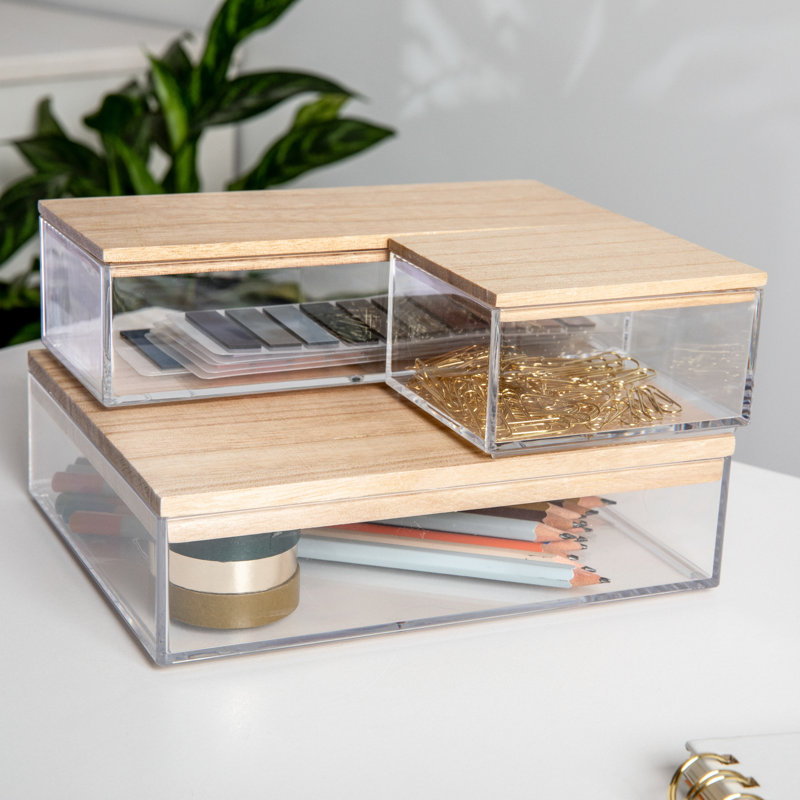 Clear Plastic Storage Organizer Bins with Light Wood Lids, Set of 3