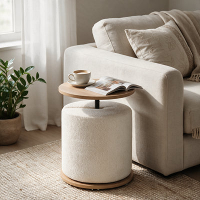 Round Side Table with Hidden Ottoman, Pull-Out Seat, Space Saving Accent Furniture for Living Room & Bedroom