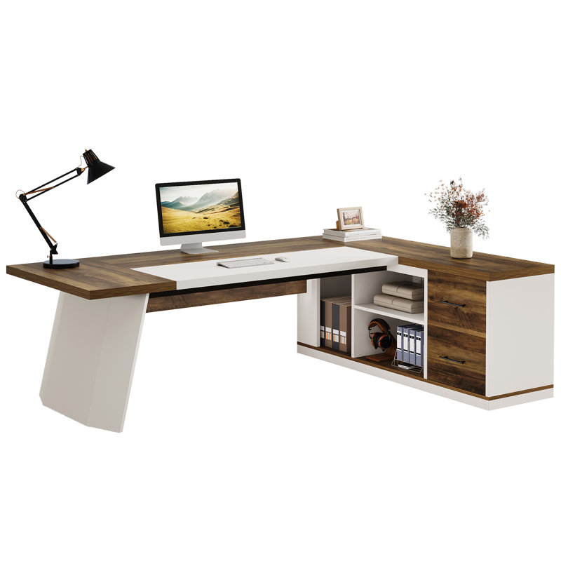 Bureau de direction en L 78,7 po avec armoire de rangement 55,1 po