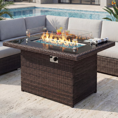 Watchet 43'' Outdoor Wicker Propane Fire Pit Table, 60,000 BTU Rectangular Fire Table with Glass Wind Guard, Lid & Cover