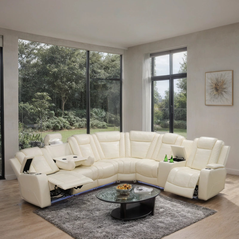 3-Piece Breathing Leather Power Reclining Sectional Sofa With LED Lighting, Wireless Charging, And Storage Console