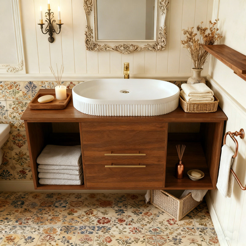 40" Single Floating Vanity With Oval Ceramic Sink, Modern Solid Wood Bathroom Cabinet，Drain Pipe Includes, Brown Wood