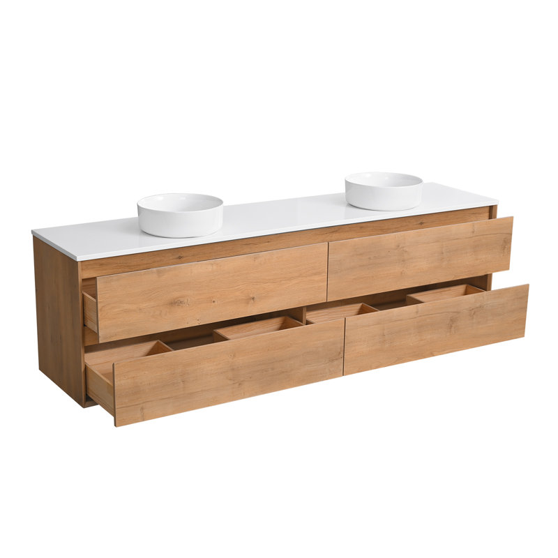 Meuble-lavabo mural double 84 po avec comptoir en quartz 84 po, Rond