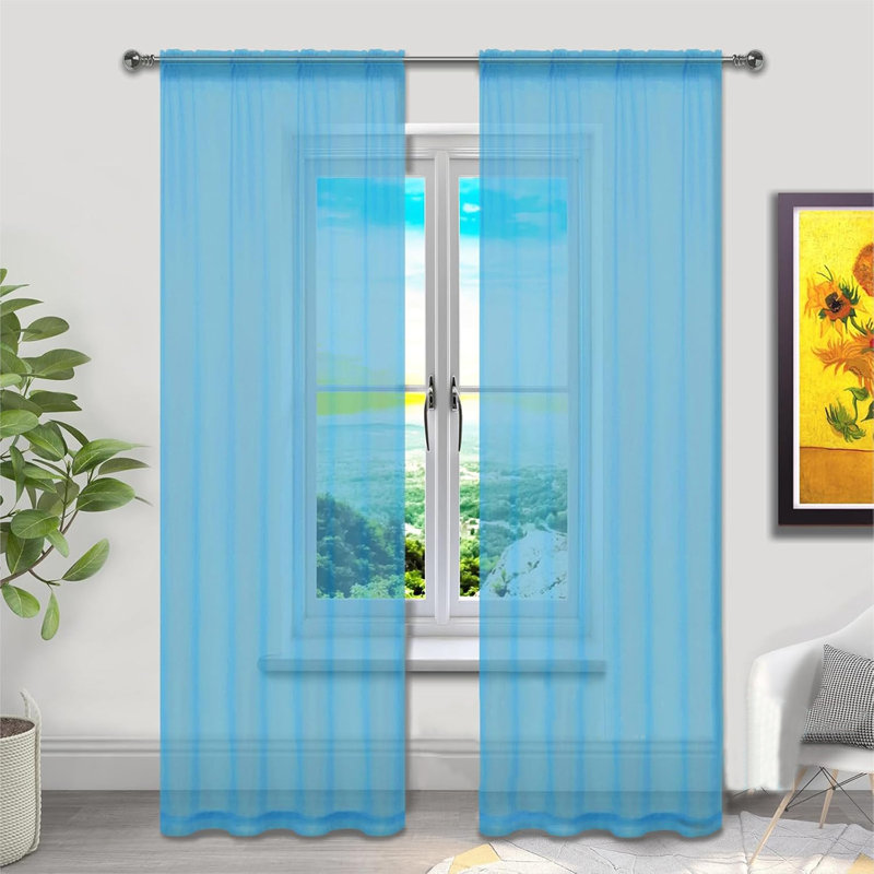 2 Pcs/Set Solid Color Sheer Curtains, Transparent Window Shades Tulle Drapes, Rod Pocket Curtains For Bedroom, Living Room