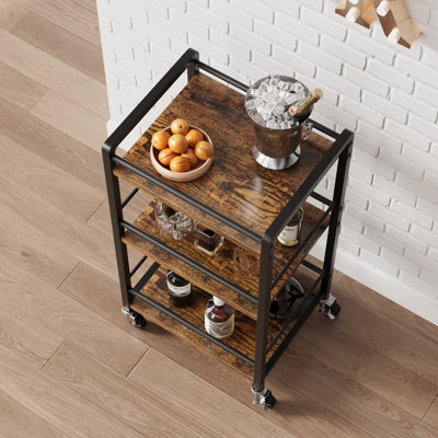 Retro Brown 3-Tier Home Bar Cart, Small Serving Cart, Mini Bar Cart for Home