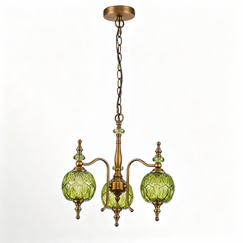 3-light Vintage Pendant Light, Green, Antique Brass