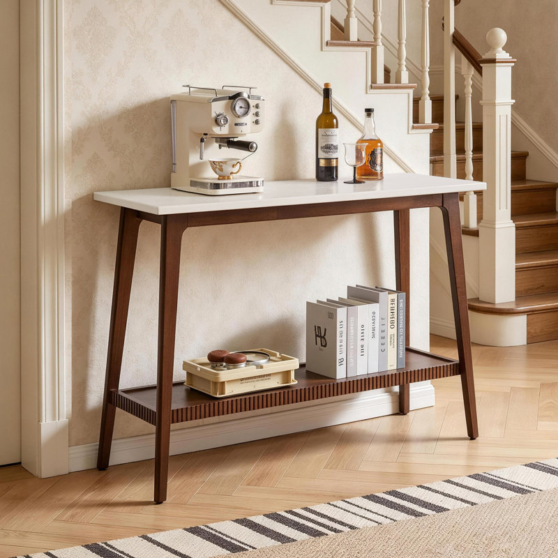 Console en bois massif, structure en bois d'hévéa massif, table d'entrée étroite à 2 niveaux de style Mid-Century, table d'appoint avec plateau de table blanc et tablette de rangement