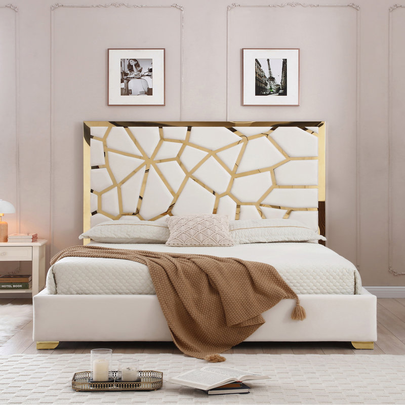 Upholstered Metal Platform Bed, Cream, King