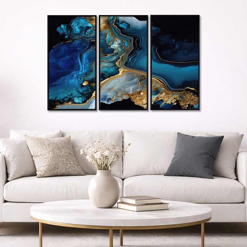 Géode abstraite dorée et marbre bleu IV - 3 pièces sur toile, H 32 po x l 48 po, Cadre flottant, Noir