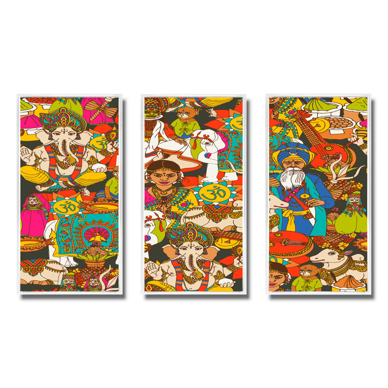 «Ganesha Indian Culture - Bohemian», ensemble de 3 toiles encadrées, H 32 po x l 48 po x P 1 po, Blanc