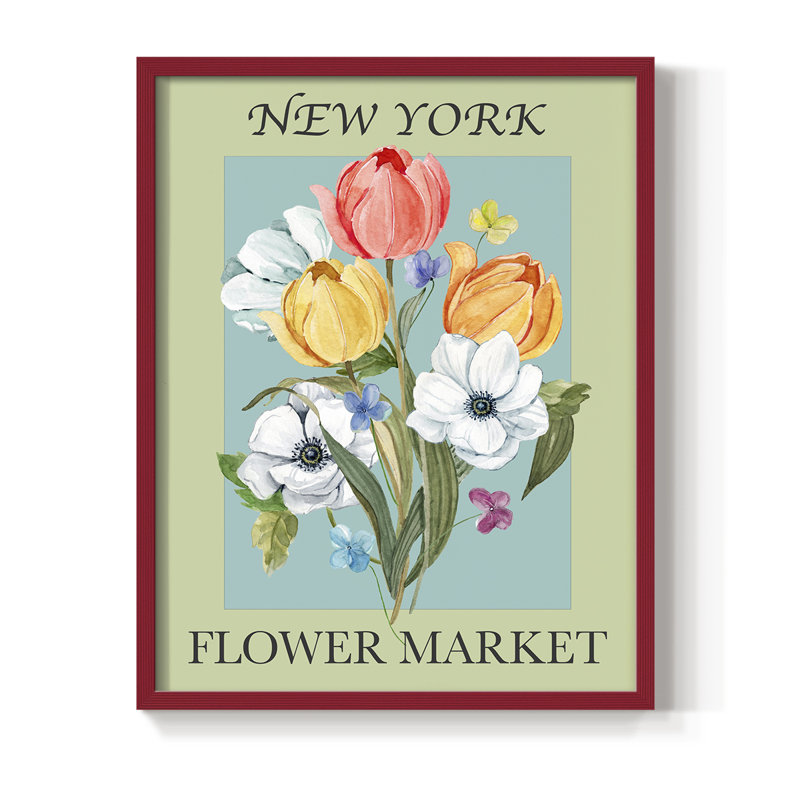 New York Flower Market, reproduction encadrée - bois massif, H 21 po x l 17 po, Rouge