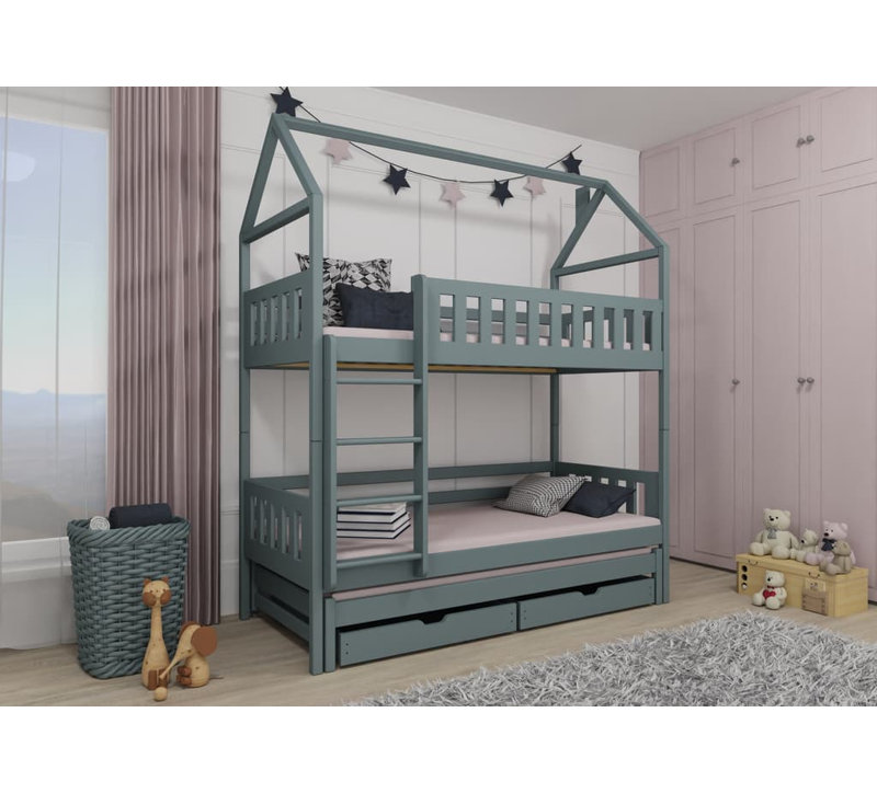 Nolina Bunk Bed House Beds with Storage Included with Trundle Included, Grey