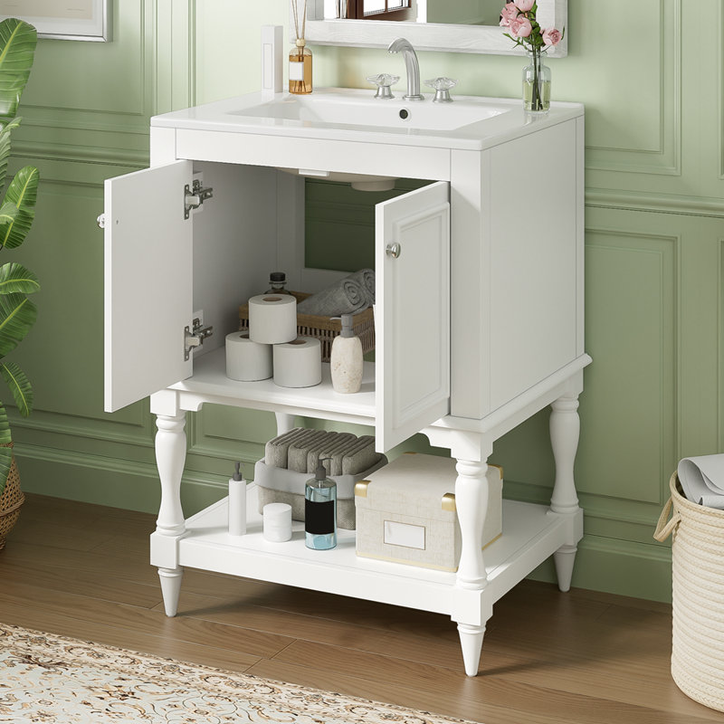 Armoire de salle de bain avec tablette ouverte et rangement fermé, Blanc