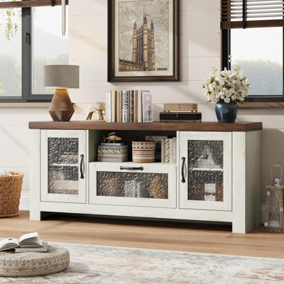 TV Stand for 55 Inch TV, Farmhouse Entertainment Center with Acrylic Door Storage Cabinet & Adjustable Shelves, TV Console Table for Living Room Bedroom, White & Brown