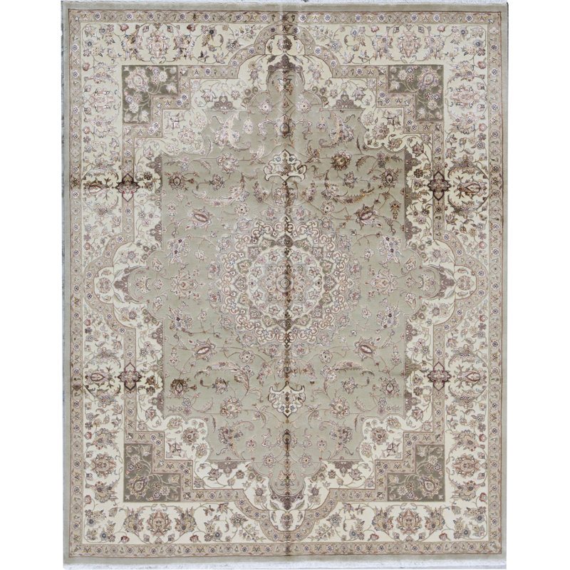 Tapis vert clair et doré de haute qualité noué à la main