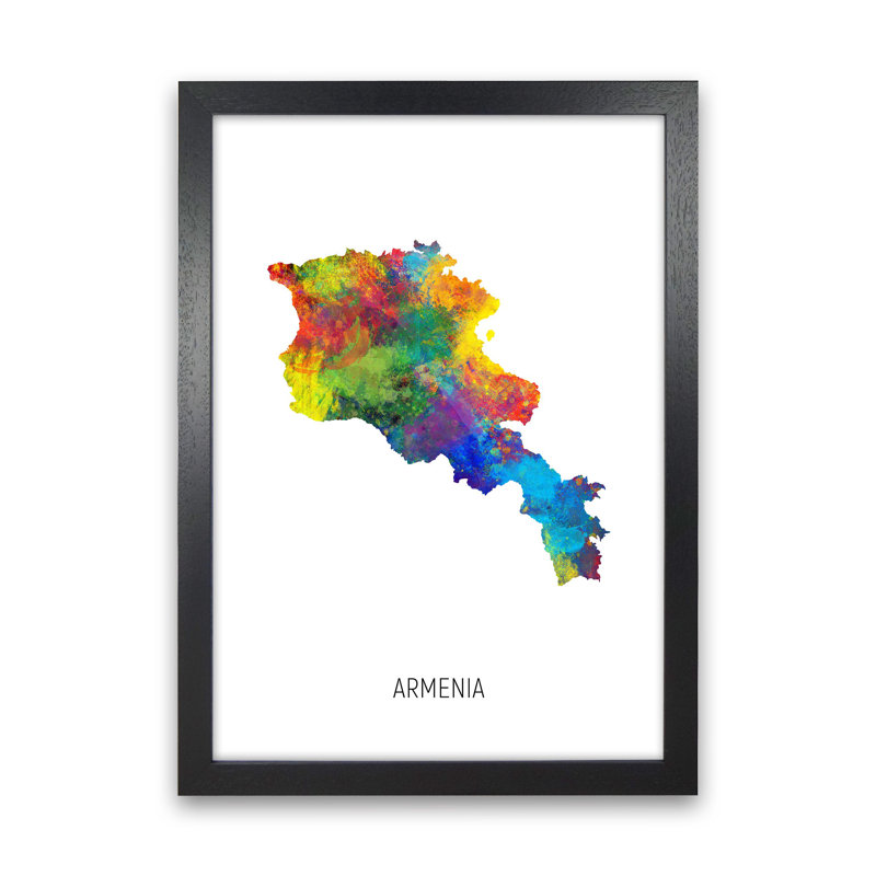 Armenia Watercolour Map by Michael Tompsett - Print, Black Framed, 34cm H x 25cm W x 3cm D
