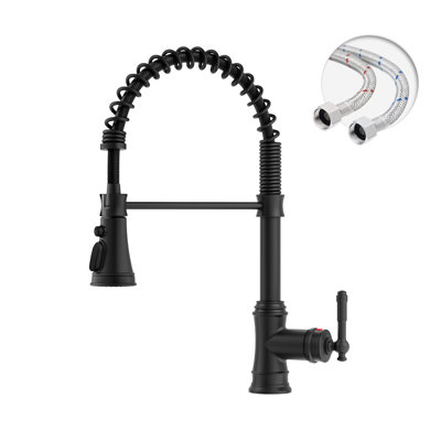 Single-Handle Pull-Down Sprayer Coil Spring High-Arc Kitchen Faucet With Deckplate Sink Faucet In Matte Black