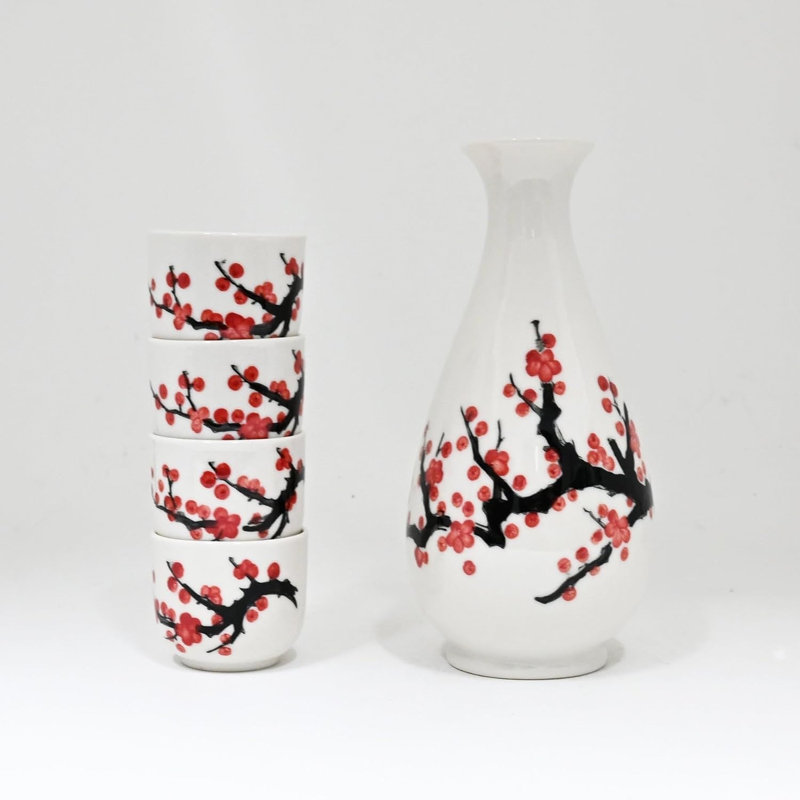 Ensemble de 4 flacons à saké en porcelaine blanche et rose