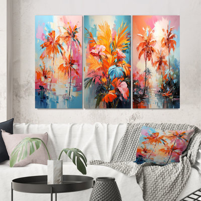 «Orange Pink Palm Trees Abstract», 3 pièces sur toile