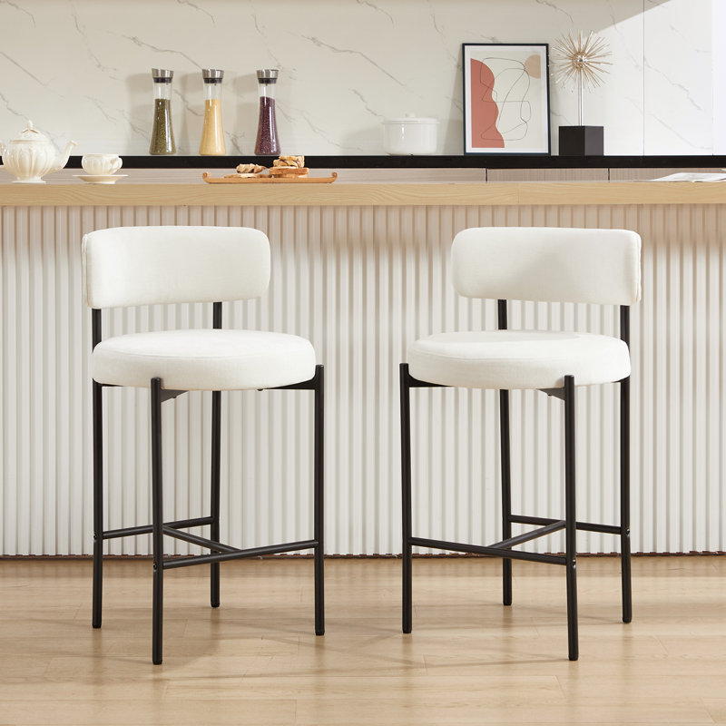 26.8'' Modern Bar Stools With Cuved Back, Upholstered Chenille Counter Height Bar Chairs With Metal Frame, White
