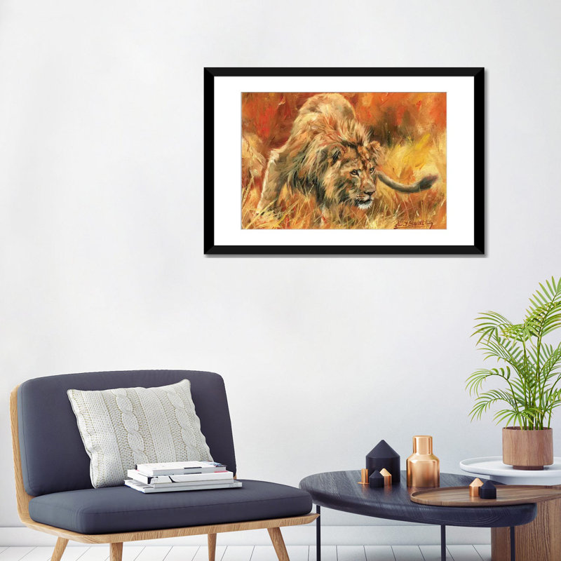 «Lion Alerte», reproduction d'impression sur toile, H 24 po x l 32 po x P 1 po, Papier d'art encadré noir, Blanc
