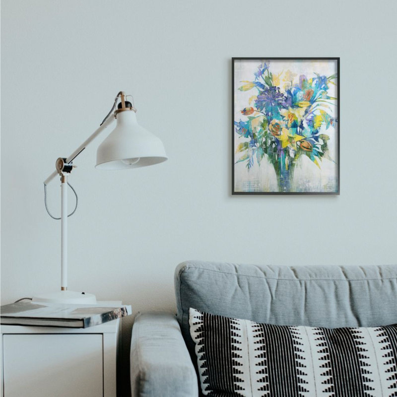 Bouquet de printemps délavé bleu jaune vert - impression d'art graphique, Giclée encadrée noir minuit, 20" H x 16" W x 1.5" D