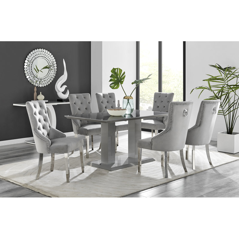 Eubanks Double Pedestal High Gloss Dining Table Set with 6 Luxury Velvet Dining Chairs, Grey