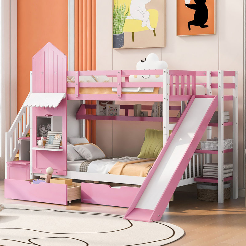 Lit superposé simple au-dessus d'un lit simple avec 2 tiroirs, 3 tablettes et glissière - rose