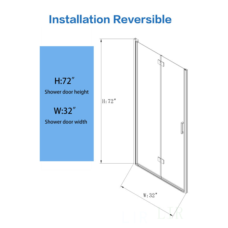 Semi-Frameless  Folding Pivot Hinged Shower Door 32-33.2 In. W X 72 In. H,1/4" (6Mm) Tempered Glass,Bathroom Bifold Panel, Reversible Installation, Shower Door