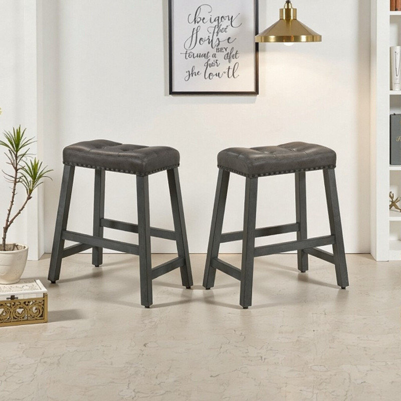 Set Of 2 Backless Wooden Counter Stools 25-Inch Height With Faux Leather Seat Farmhouse Style, Dark Brown
