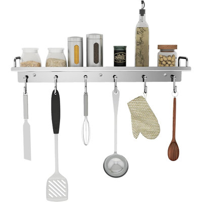 Kitchen Utensil Rack, 19.7 Inch Spice Rack With 6 Hooks Wall Mount, Over The Stove Shelf, Stainless Steel, Hanging Storage Wall Shelf For Spatula Spoon, Seasoning Jar Organizer