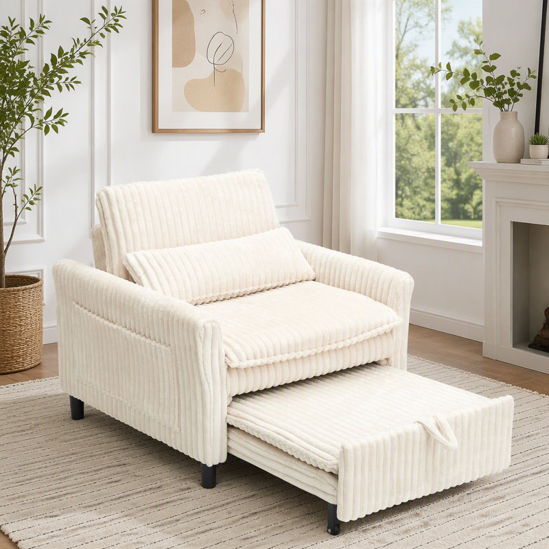 Comfortable Corduroy Accent Chair with Pillow for Small Spaces, Beige