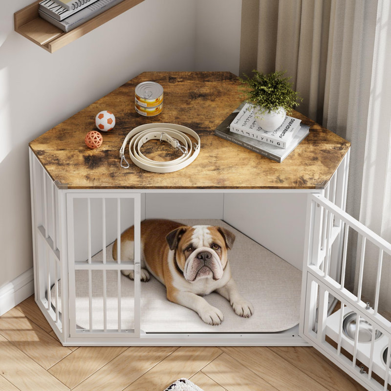 Table de bout d'angle pour cage pour petits chiens, chenil en bois pour animaux avec bols rotatifs, cage intérieure compacte pour animaux de compagnie, blanc