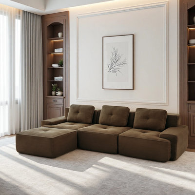 117.3” Boneless Couches For Living Room, Modular Sectional Sofa With L-Shape Chaise, 2 Seater Comfy Upholstered Loveseat Deep Seat Corduroy Fabric Cloud Couch No Assembly, Anti-Slip Design​