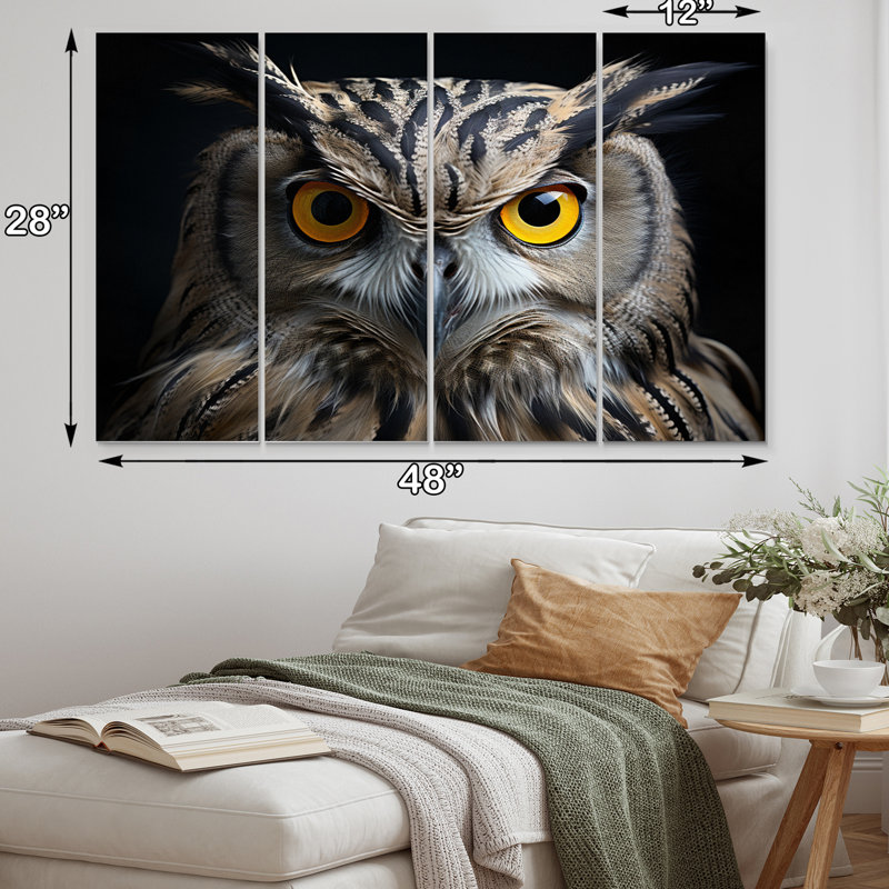 Portrait d'un hibou noir et blanc sur toile, ensemble de 4 pièces