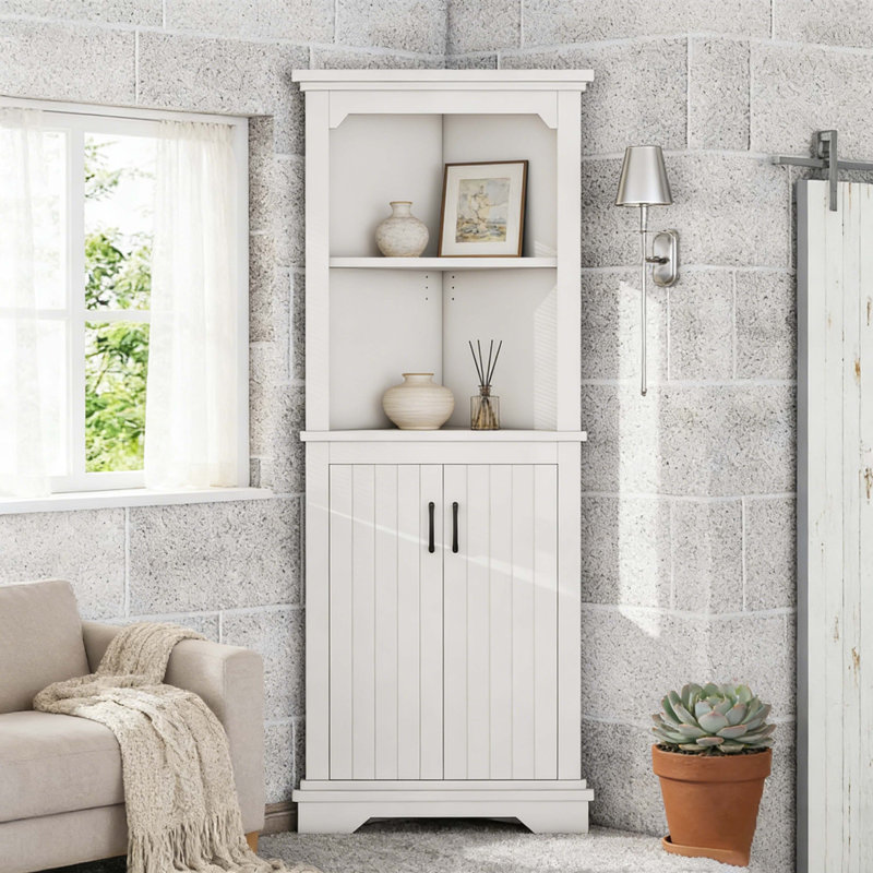 Tall White Corner Cabinet With Doors & Open Shelves, Freestanding Corner Storage Organizer For Living Room, Bathroom, Dining Room, Kitchen