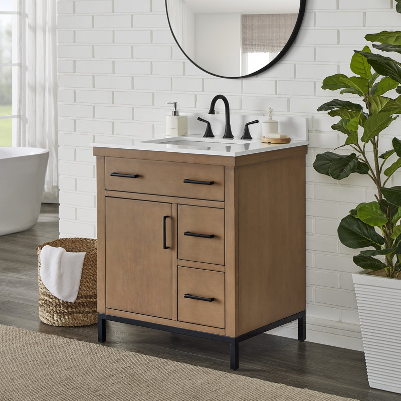 30 po Meuble-lavabo autoportant à simple cuve avec plateau en pierre blanche ingénieur