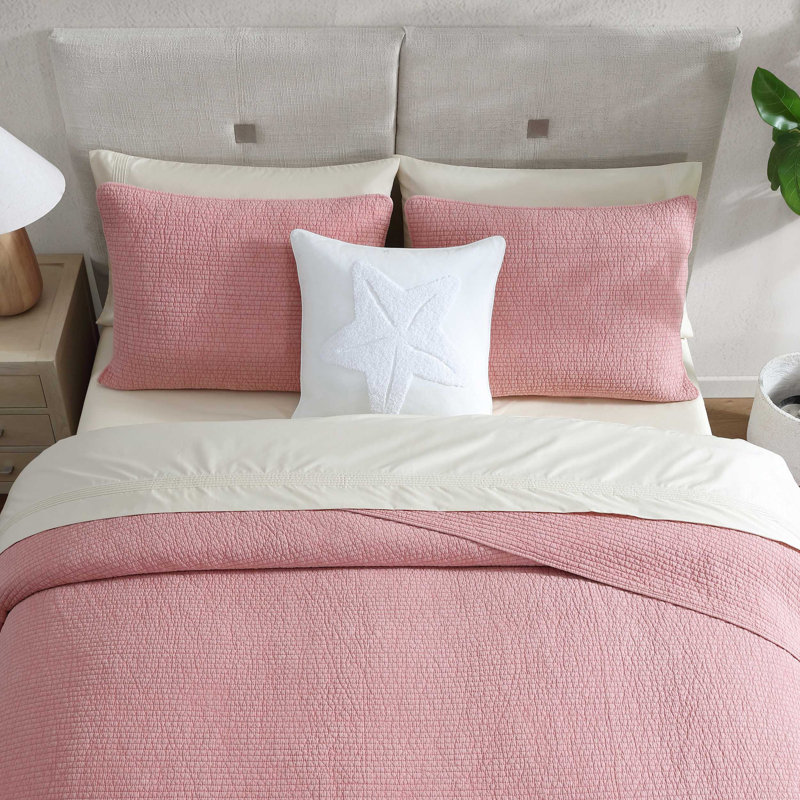 Ensemble de courtepointe réversible en coton rose Nautica, Courtepointe pour grand lit + 2 taies décoratives, Rose
