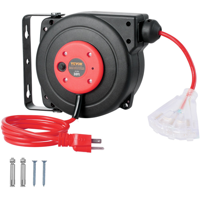 Enrouleur de cordon d'alimentation rétractable 30 pi, Rouge / noir